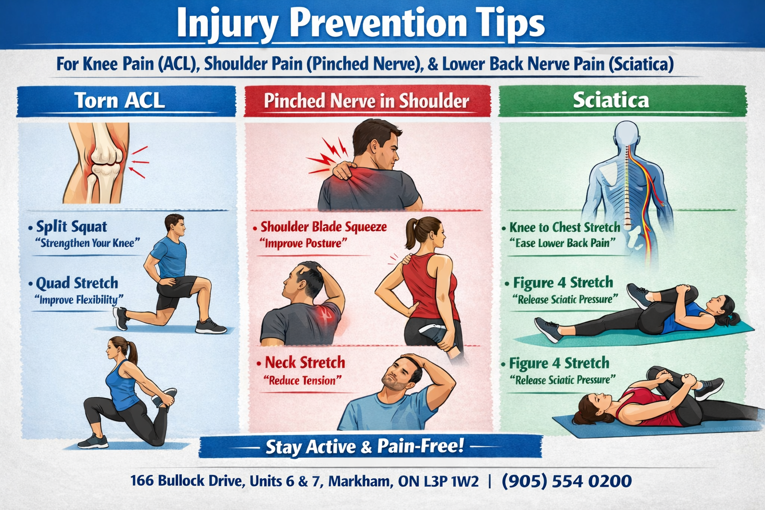 Injury Prevention Tips for Knee Pain (ACL), Shoulder Pain (PINCHED NERVE), and Lower Back Nerve Pain (SCIATICA)