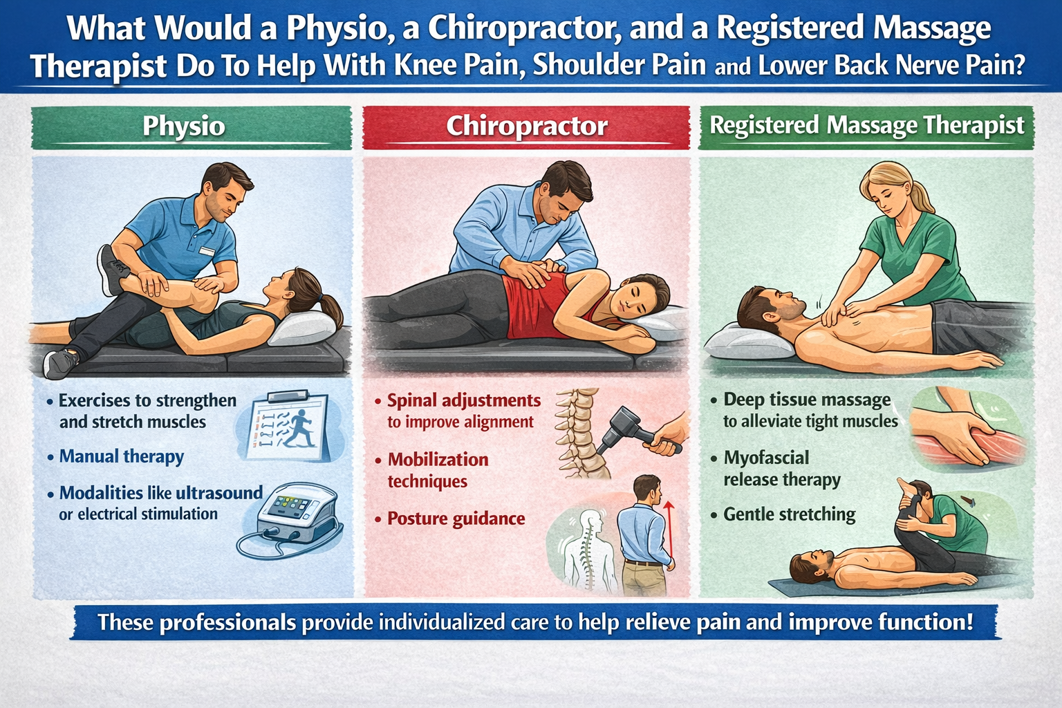 What Would a Physio, a Chiropractor, and a Registered Massage Therapist Do To Help With Knee Pain, Shoulder Pain, and Lower Back Nerve Pain